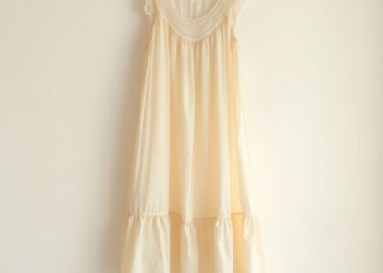 A woman in a flowy, floral nightgown-style summer dress standing under the sun in a lush garden, exuding calm and effortless style.