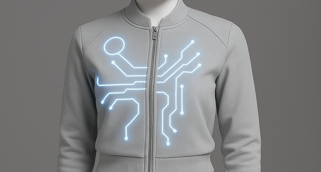 “Futuristic AI fashion clothing on digital mannequin with smart fabric glowing in adaptive colors”
