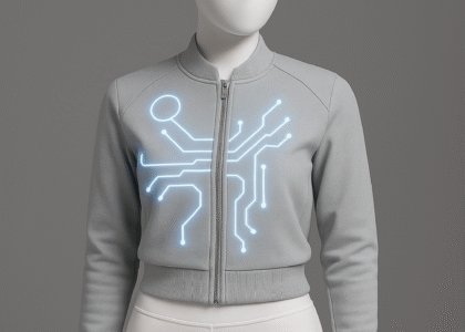 “Futuristic AI fashion clothing on digital mannequin with smart fabric glowing in adaptive colors”