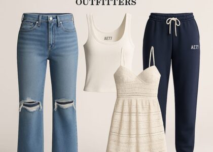 American Eagle Outfitters denim wall showcasing various jean fits and washes