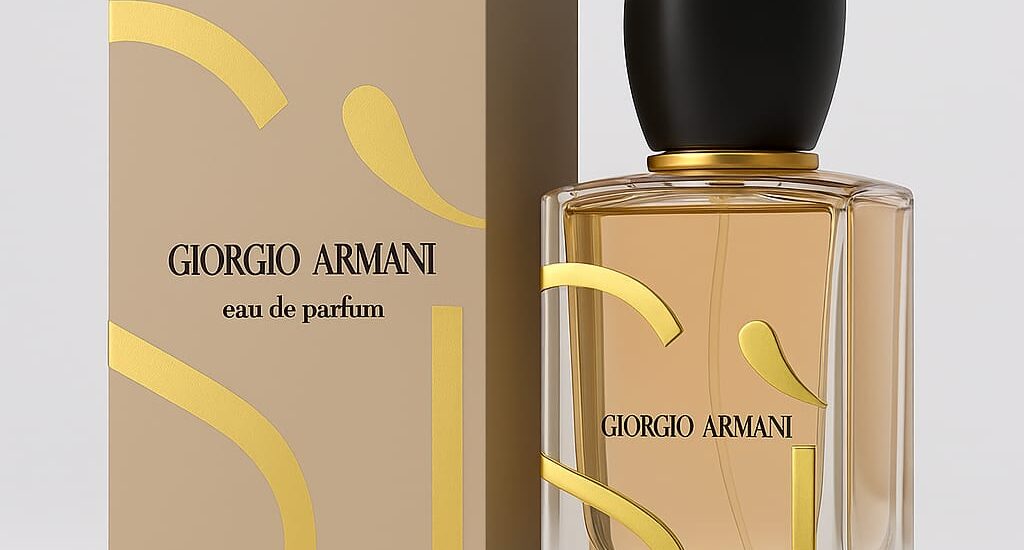 "Bottle of Armani Beauty Perfume on a marble vanity"