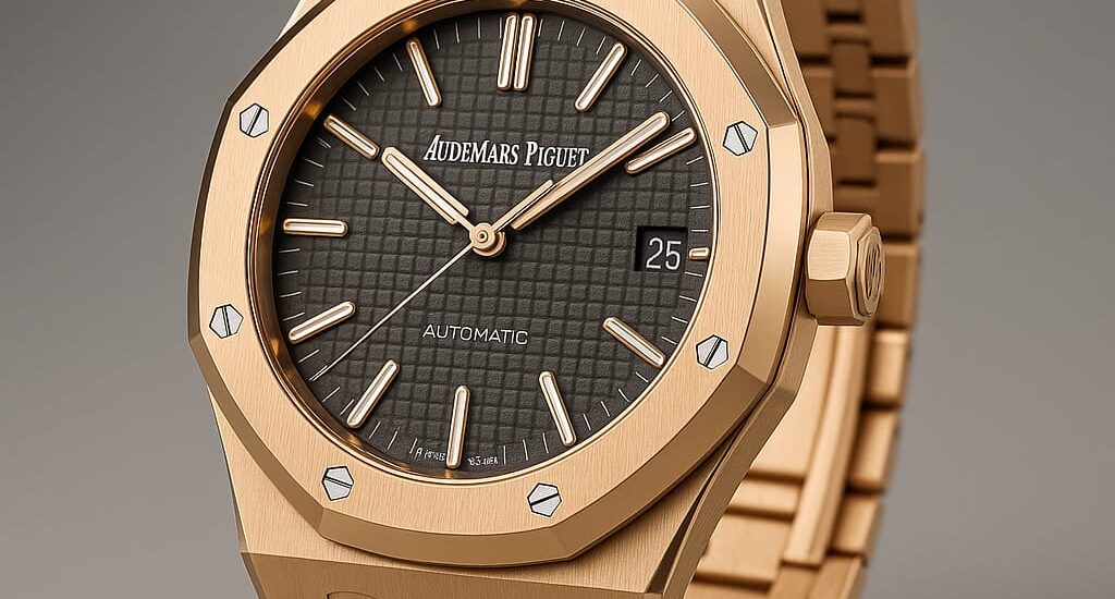 Close-up of Audemars Piguet Royal Oak watch with stainless steel case and blue Tapisserie dial