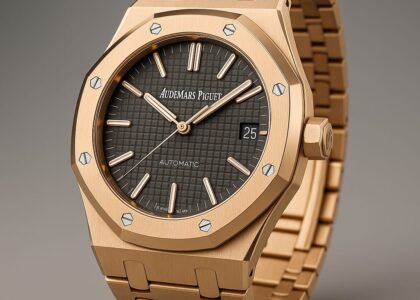 Close-up of Audemars Piguet Royal Oak watch with stainless steel case and blue Tapisserie dial