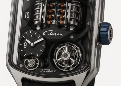 Bugatti Chiron Tourbillon watch featuring a miniature W16 engine inside the dial, designed by Jacob & Co