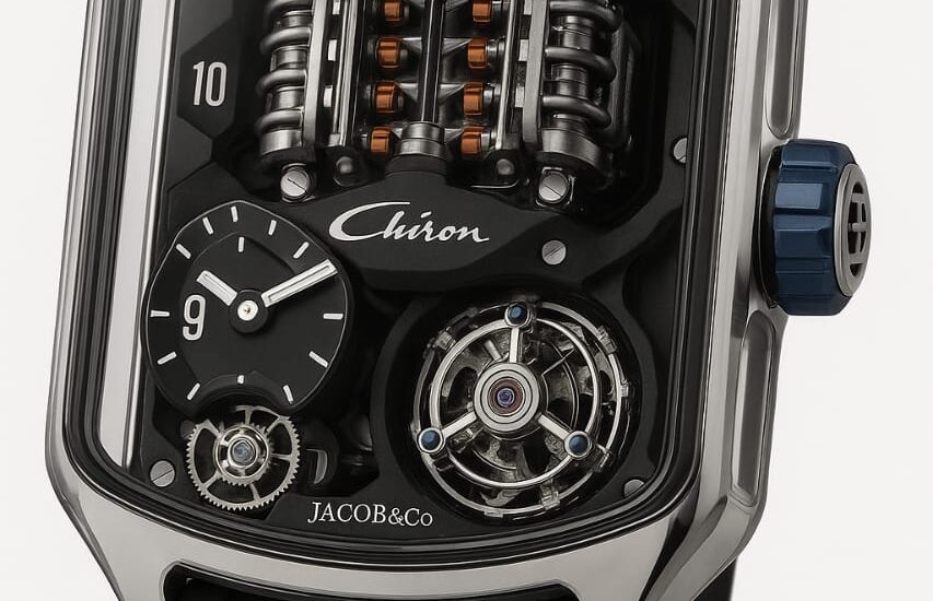 Bugatti Chiron Tourbillon watch featuring a miniature W16 engine inside the dial, designed by Jacob & Co