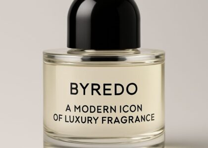 Byredo perfume bottles on minimalist shelf
