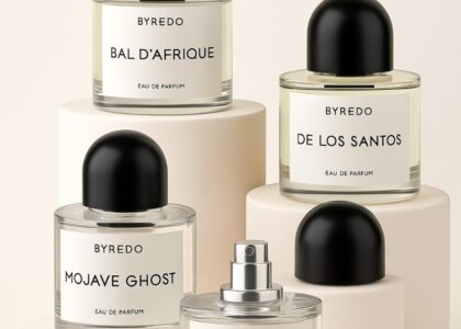 "Byredo Gypsy Water perfume bottle placed on a minimalist marble surface"