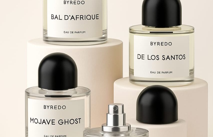"Byredo Gypsy Water perfume bottle placed on a minimalist marble surface"