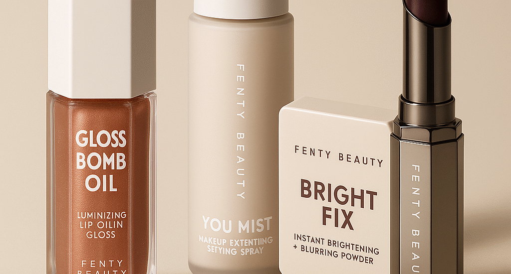 Image of Rihanna holding Fenty Beauty products: "Rihanna holding inclusive Fenty Beauty makeup range"