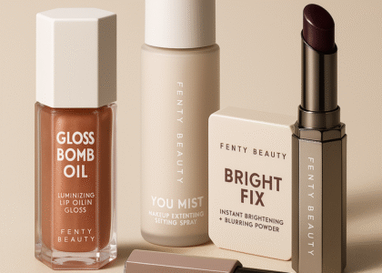 Image of Rihanna holding Fenty Beauty products: "Rihanna holding inclusive Fenty Beauty makeup range"