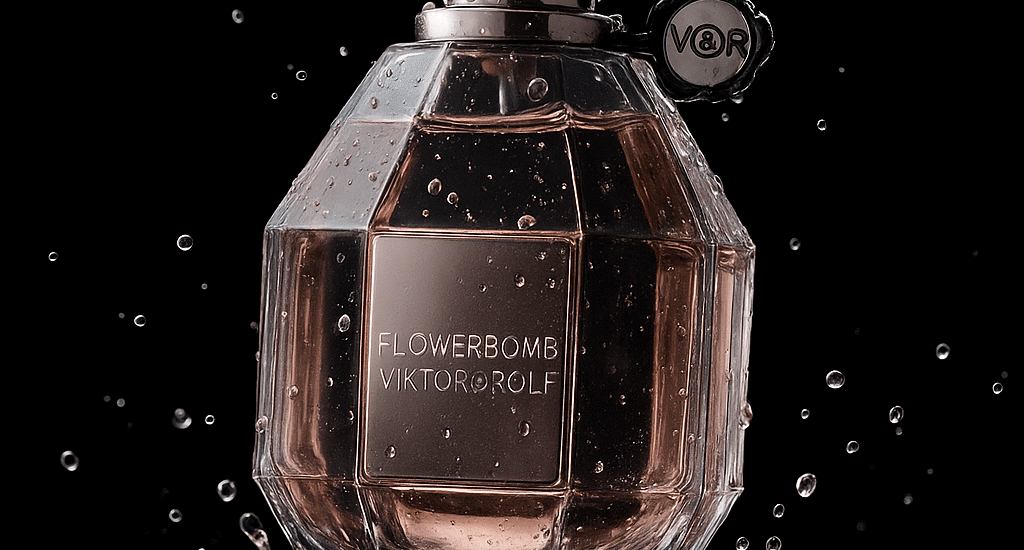 beautiful bottle of Rolf Flowerbomb Viktor Perfumes with pink florals and soft, dreamy lighting around it