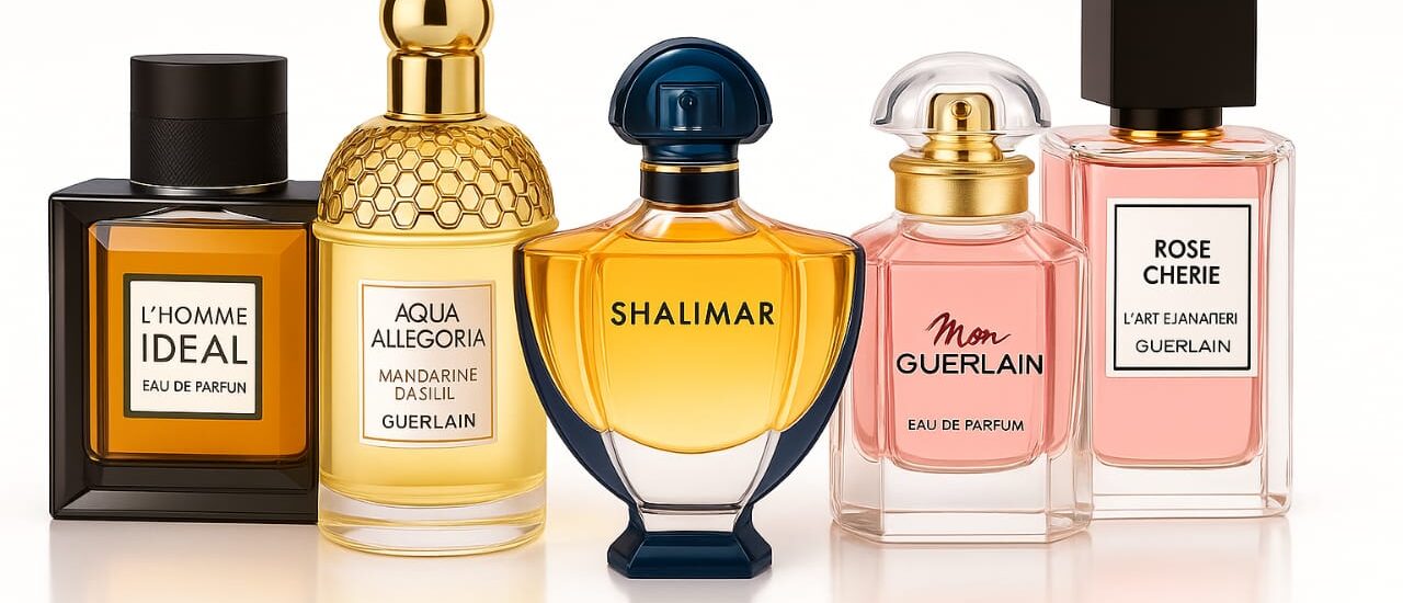 “A curated collection of Guerlain luxury perfume bottles with elegant French packaging.”