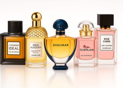 “A curated collection of Guerlain luxury perfume bottles with elegant French packaging.”