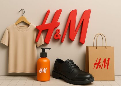 Image of H&M clothing rack: "H&M store display featuring casual and formal wear under bright lighting."