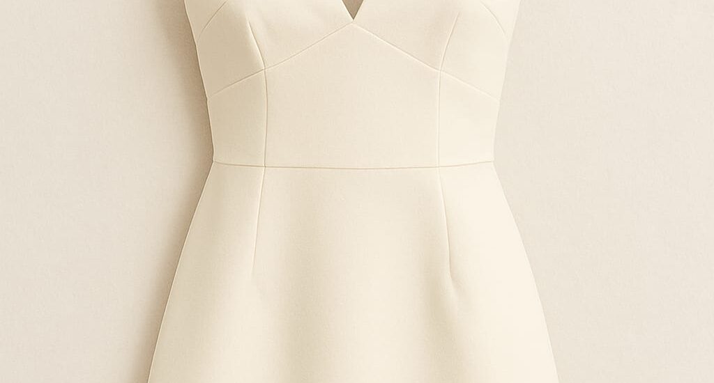 "Woman wearing a white halter mini dress and sunhat on a summer day"