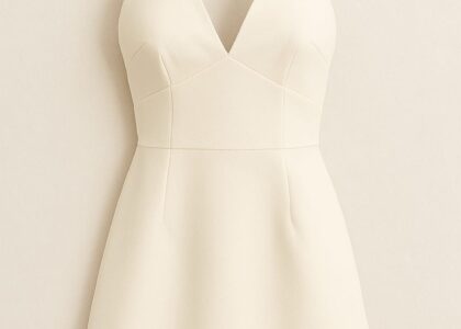 "Woman wearing a white halter mini dress and sunhat on a summer day"