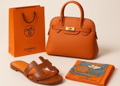 Close-up of an Hermès Birkin bag in orange leather with gold hardware on a marble surface.