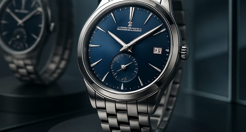 "Elegant Jaeger‑LeCoultre Master Ultra Thin watch with silver dial displayed on a velvet cushion – perfect example of Swiss craftsmanship."