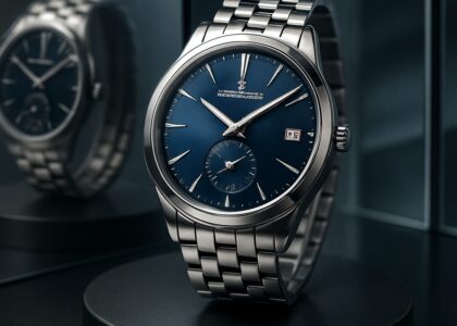 "Elegant Jaeger‑LeCoultre Master Ultra Thin watch with silver dial displayed on a velvet cushion – perfect example of Swiss craftsmanship."