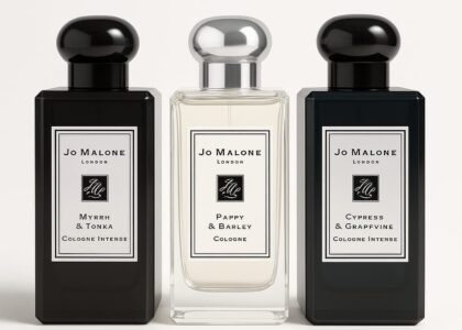 Elegant Jo Malone London perfume bottles displayed on a marble vanity"