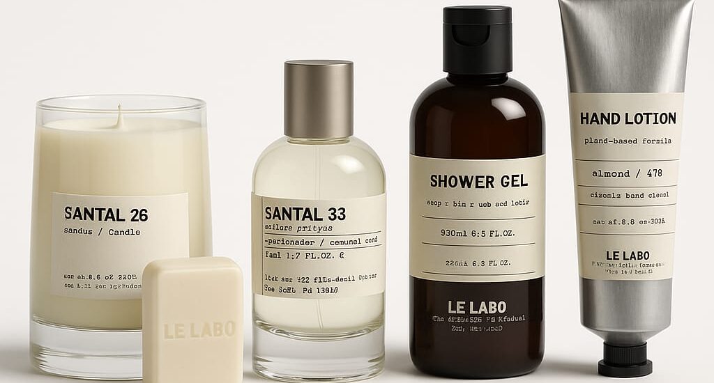 A minimalist Le Labo Perfumes bottle labeled “Santal 33” placed beside dried flowers and a candle on a wooden table.