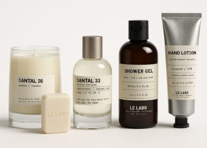 A minimalist Le Labo Perfumes bottle labeled “Santal 33” placed beside dried flowers and a candle on a wooden table.