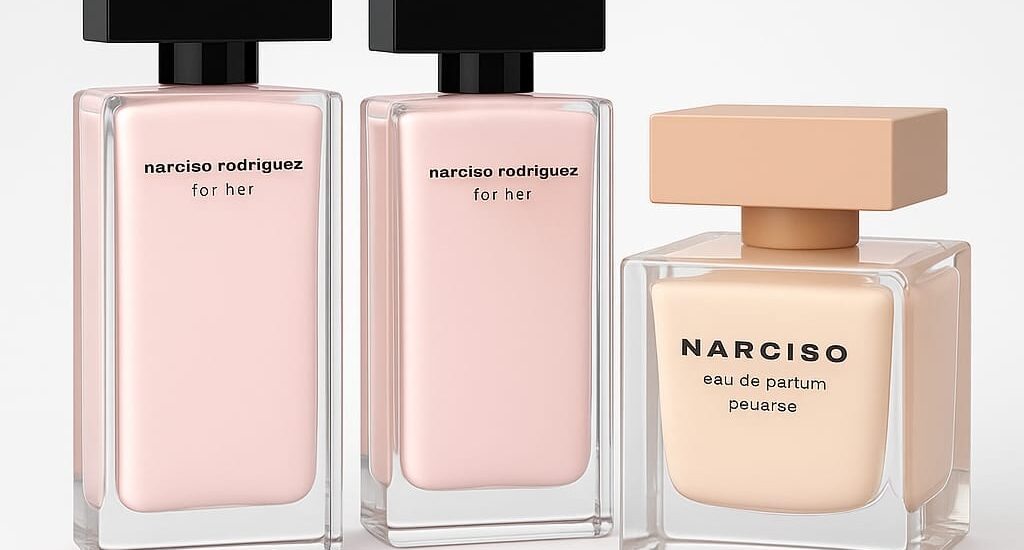 Pink rectangular bottle of Modern Grace by Narciso Rodriguez placed on a white marble counter with flowers in the background.