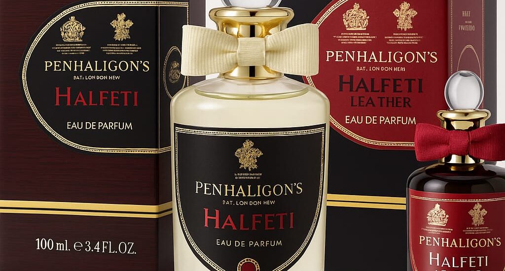 Elegant flat-lay of Penhaligon’s perfume bottles on a marble table, showcasing their intricate bottle designs and royal-themed packaging.