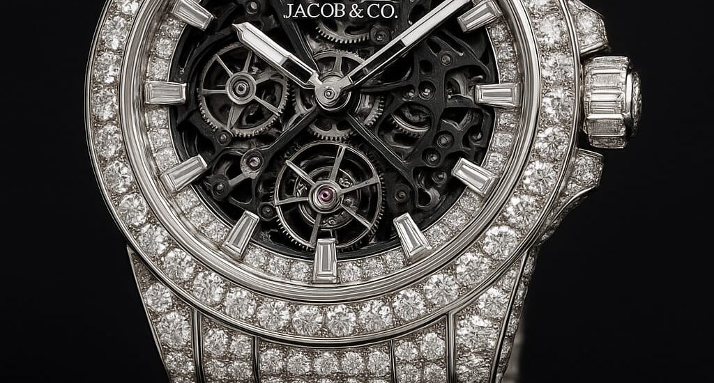 Close-up of a luxury Jacob & Co watch featuring a skeleton dial and diamond bezel