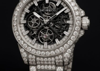 Close-up of a luxury Jacob & Co watch featuring a skeleton dial and diamond bezel