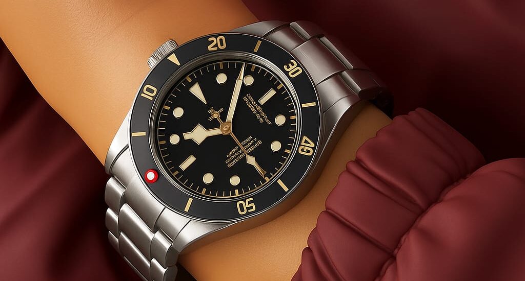 Side view of the Tudor Black Bay Watch showcasing its vintage-inspired bezel and snowflake hands