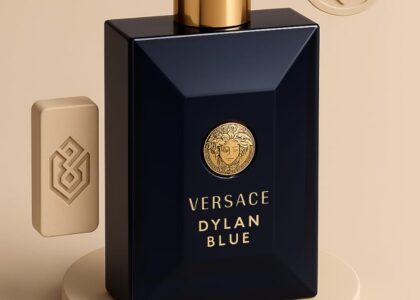“Versace Dylan Blue Eau de Toilette bottle on a sleek modern dresser”