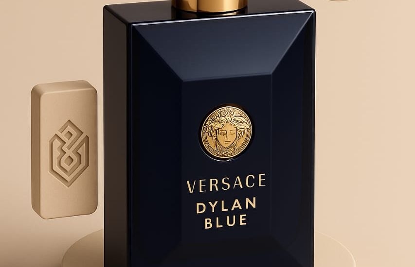 “Versace Dylan Blue Eau de Toilette bottle on a sleek modern dresser”