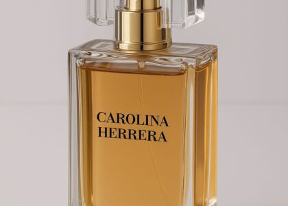 Carolina Herrera Good Girl fragrance bottle against a soft rose background.
