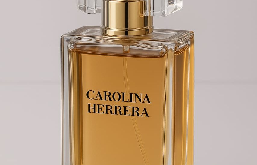 Carolina Herrera Good Girl fragrance bottle against a soft rose background.