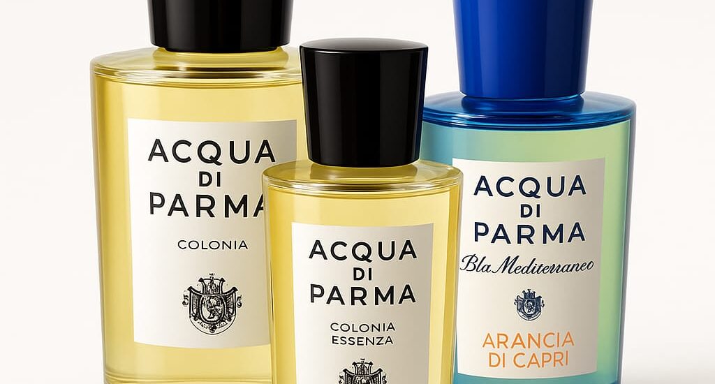 “Flat lay of Acqua di Parma Colonia bottle on a marble counter with natural sunlight highlighting the golden liquid inside.”