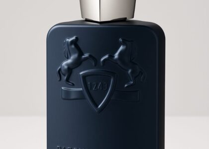 Bottle of Parfums de Marly Layton on marble tray – elegant men’s fragrance