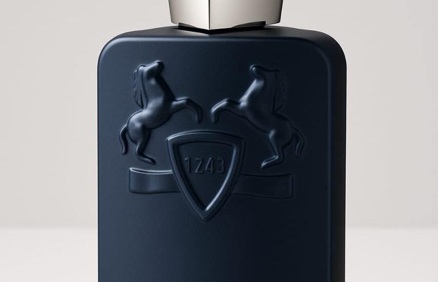 Bottle of Parfums de Marly Layton on marble tray – elegant men’s fragrance