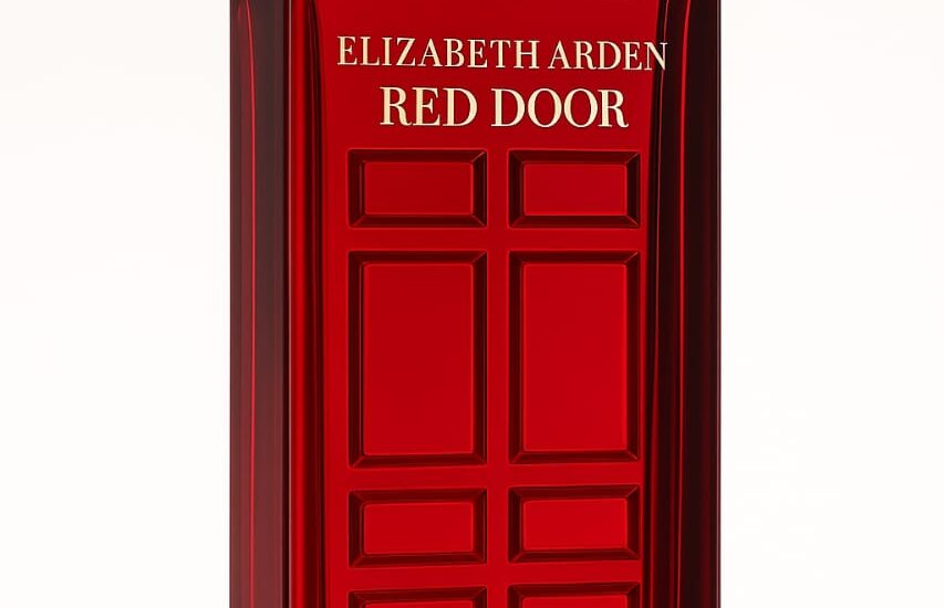Elegant bottle of Red Door Perfume by Elizabeth Arden with red and gold packaging on a marble vanity.