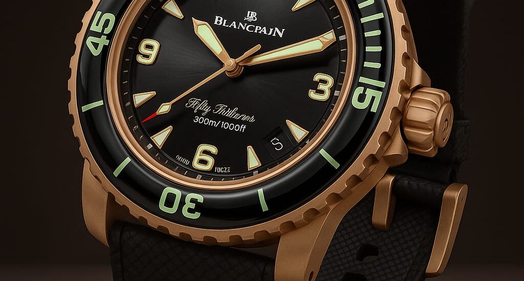 Blancpain Fifty Fathoms luxury diving watch with black dial and stainless steel case