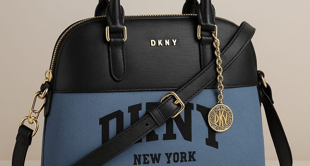 “DKNY bag displayed under soft lighting on a modern stage – showcasing minimalist elegance and urban luxury.”