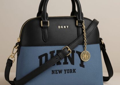 “DKNY bag displayed under soft lighting on a modern stage – showcasing minimalist elegance and urban luxury.”