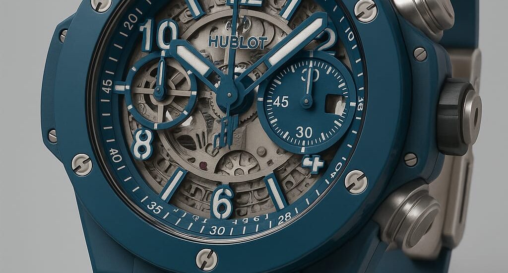 Man wearing a luxury Hublot watch with a formal suit in an urban setting