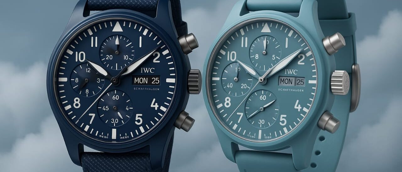 IWC Schaffhausen Portugieser watch close-up with silver dial and blue hands