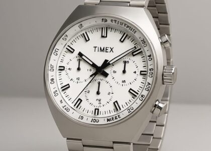 Timex Weekender watch with brown leather strap on a wooden table