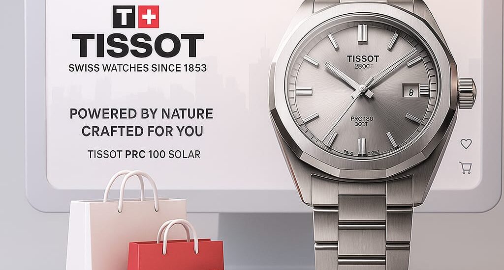Tissot PRX watch with blue dial and stainless steel strap on a leather surface