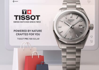 Tissot PRX watch with blue dial and stainless steel strap on a leather surface