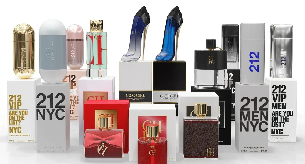 Carolina Herrera perfume collection featuring Good Girl in a stiletto-shaped bottle.