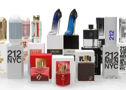 Carolina Herrera perfume collection featuring Good Girl in a stiletto-shaped bottle.