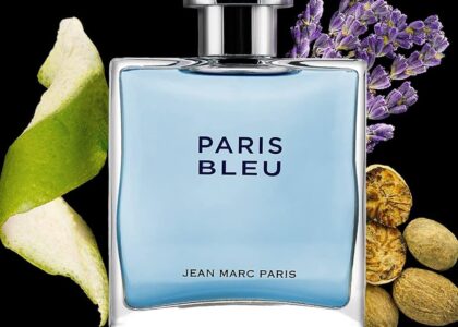 Paris Bleu perfume bottle on a marble vanity with soft Parisian light in the background
